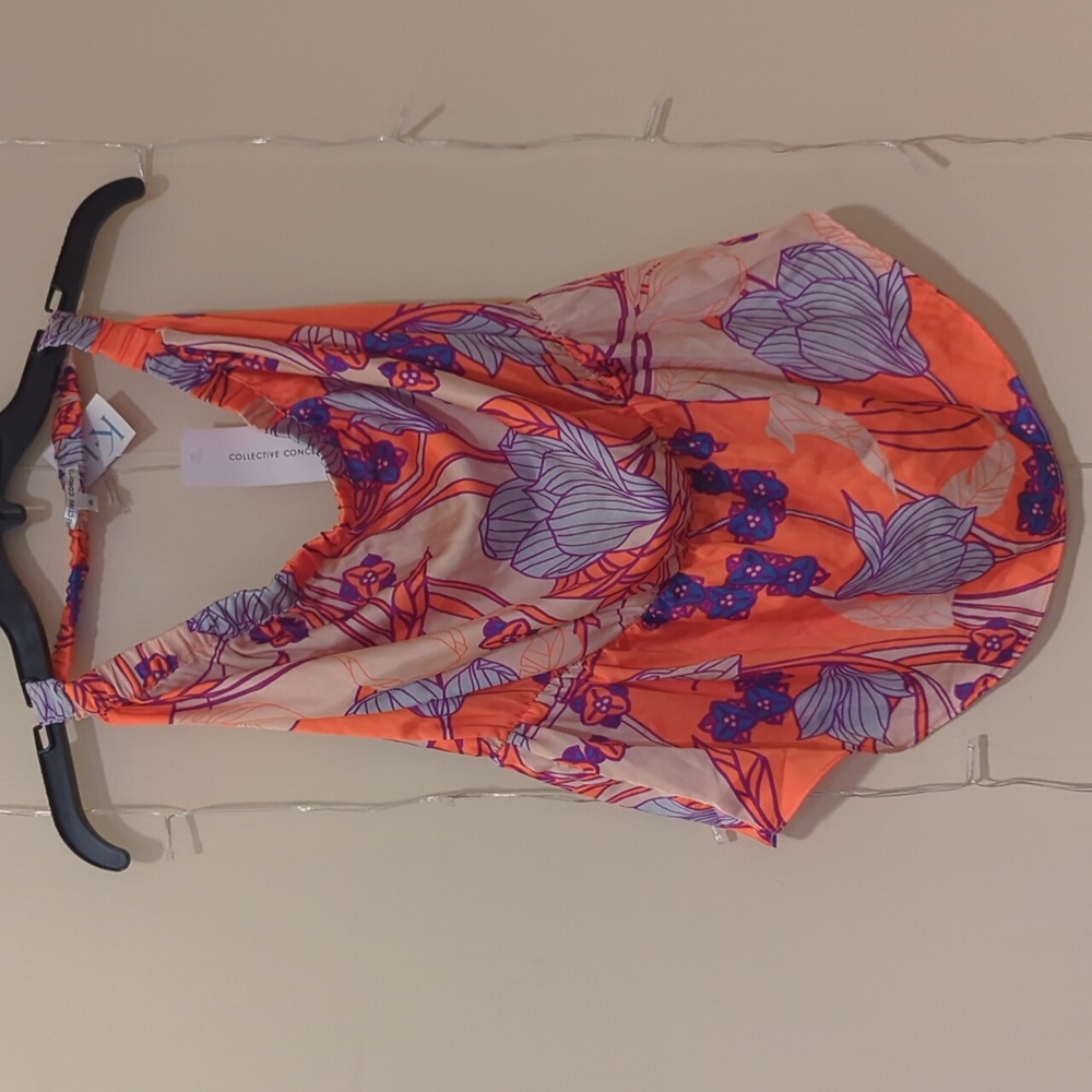Collective Concepts Women's Vibrant Orange Printed Elastic Waisted Halter Top, M